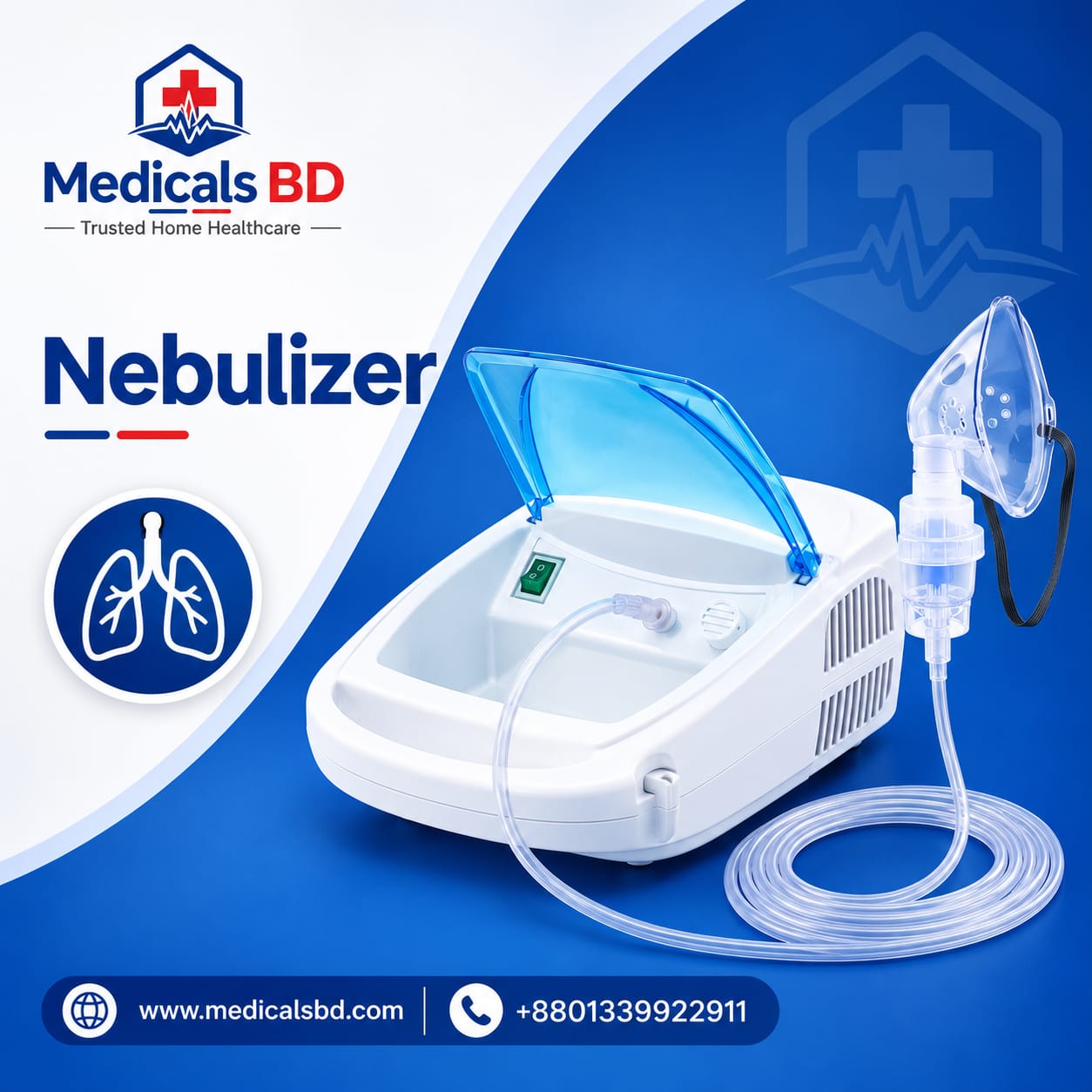 Nebulizer Machine  The Nebulizer Machine is a medical device designed to convert liquid medication into a fine mist that can be inhaled through a mask or mouthpiece. It is commonly used to support respiratory treatment for patients with breathing difficulties, as prescribed by a healthcare professional. Designed for convenient use at home and in healthcare facilities, this nebulizer features a compact body, simple operating switch, medication cup, air tubing, and a breathing mask. Its practical design makes it suitable for everyday respiratory care under appropriate medical guidance. Key Features - Effective Aerosol Delivery: Converts prescribed liquid medication into an inhalable mist. - Easy Operation: Simple controls for convenient use. - Compact Design: Suitable for home healthcare environments. - Mask and Tubing: Helps deliver the mist for inhalation. - Medication Cup: Holds the prescribed nebulizer solution. - Convenient Use: Suitable for home, clinics, and healthcare facilities. - Easy Handling: Designed for practical everyday use. Suitable For - Patients requiring nebulizer treatment as prescribed - Home respiratory care - Clinics and healthcare facilities - Individuals who need convenient access to prescribed inhalation therapy Why Choose Medicals BD? Medicals BD provides medical equipment and home healthcare solutions to support patients and caregivers. Brand: Medicals BD – Trusted Home Healthcare