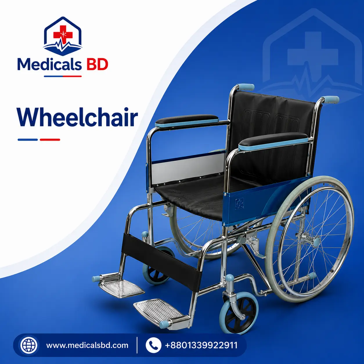 Wheelchair The Sleeping Wheelchair is a versatile mobility and patient care solution designed to provide comfort, support, and convenience for individuals with limited mobility. Its reclining design allows users to rest in a more comfortable position, while the adjustable leg supports help provide additional comfort during extended periods of use. Featuring a durable metal frame, comfortable seating, supportive backrest, large rear wheels, and front caster wheels, this wheelchair is designed for convenient movement and everyday patient care. Its practical design makes it suitable for home healthcare facilities, hospitals, clinics, and elderly care settings. Key Features: * Reclining backrest for improved resting comfort * Adjustable leg and foot supports * Comfortable seat and supportive backrest * Durable metal frame * Large rear wheels for easy manual movement * Front caster wheels for maneuverability * Suitable for home care, hospitals, and patient care facilities Ideal For: Elderly individuals, patients with limited mobility, and people who require assistance with movement and resting. Available at Medicals BD – Trusted Home Healthcare.